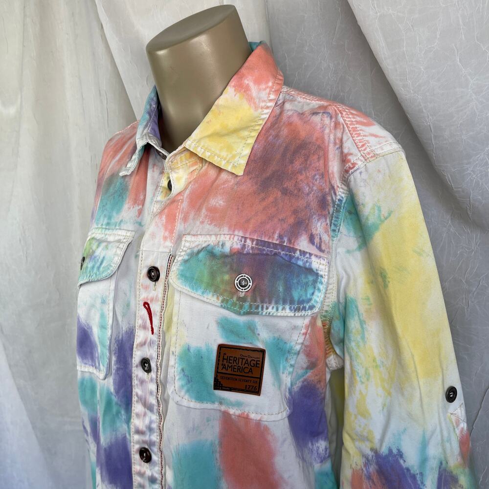 Denim Distillery Heritage America White Button Down Colorful Paint Pattern Shirt - Picture 2 of 16